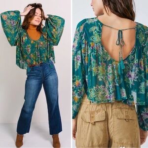 Free People Mesh Floral Paisley Up For Anything Boho Top Long Sleeve Flowy Crop